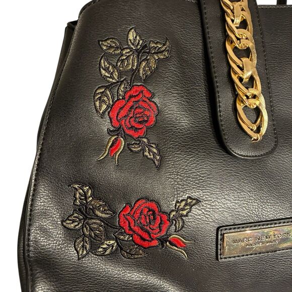 Marc New York (Andrew Marc) Black Handbag With Embroidered Red Roses Gold Hdware - Picture 3 of 10